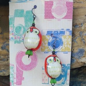 Handmade Owl Ceramic Dark Brass & Glass Earrings